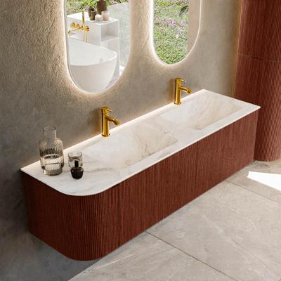 Badmeubel Mondiaz Kurve-Dlux | 155 cm cm | Meubelkleur Ruby | Wastafelkleur Frappe | Solid surface | Dubbel / Rechts spoelbak | 2 kraangaten