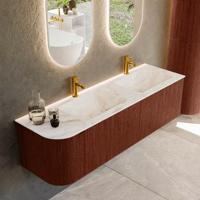 Badmeubel Mondiaz Kurve-Dlux | 155 cm cm | Meubelkleur Ruby | Wastafelkleur Frappe | Solid surface | Dubbel / Rechts spoelbak | 2 kraangaten