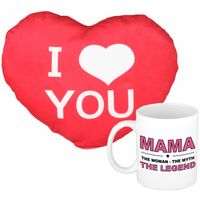 Mama the legend mok/beker 300 ml wit incl. sierkussentje hart vorm 15 cm - thumbnail