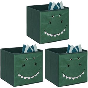 Opbergmand/kastmand dino - 3x - voor kinderen - karton/kunststof - groen - 30 x 30 x 30 cm