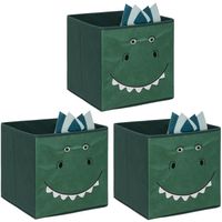 Opbergmand/kastmand dino - 3x - voor kinderen - karton/kunststof - groen - 30 x 30 x 30 cm