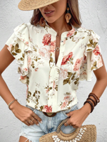 Women's Short Sleeve Shirt Summer Apricot Floral Stand Collar Ruffled Sleeves Daily Going Out Casual Top