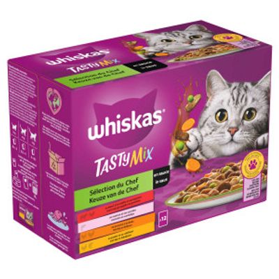 Whiskas 1+ Tasty Mix Keuze van de Chef in saus multipack natvoer kat maaltijdzakjes 1 verpakking (12 x 85 g)