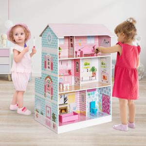 2-In-1 Poppenhuis en Kinderkeuken Dubbelzijdig Speelhuis van Hout met Meubels en Accessoires Speelkeuken met Realistisch Geluid Licht