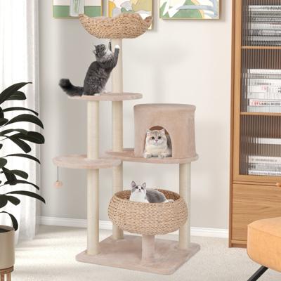146 cm Krabpaal met Kattenmand Kattenboom met Zitstang Speelbal Sisalpalen Meertraps Klimboom Kattenkrabpaal Katten Beige