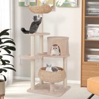 146 cm Krabpaal met Kattenmand Kattenboom met Zitstang Speelbal Sisalpalen Meertraps Klimboom Kattenkrabpaal Katten Beige