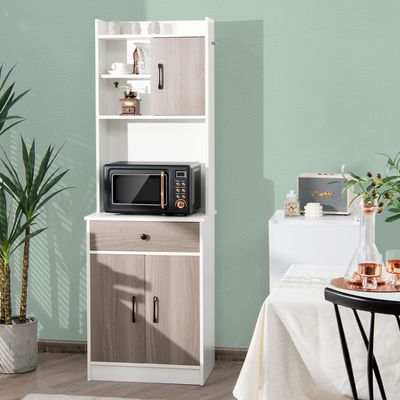 180cm Houten Keukenkast met Lade Verstelbare Planken en Kabelgat Grote Open Ruimte voor Magnetron Vrijstaand 60 x 40 x 180cm (Wit)
