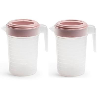 Schenkkan/waterkan met deksel - 2x stuks - 1 liter - roze/ transparant - kunststof