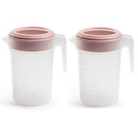 Schenkkan/waterkan met deksel - 2x stuks - 1 liter - roze/ transparant - kunststof