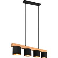 Moderne LED Hanglamp met E14 Fitting - 4-Lichts Design - Mat Zwart/Goud - Hout