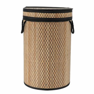 Wasmand met deksel - naturel/zwart - rond - katoen/bamboe - 67 liter - 35 x 35 x 55 cm
