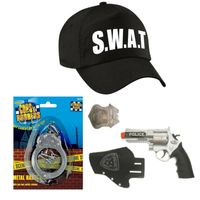 Politie/SWAT team verkleed cap/pet blauw met pistool/holster/badge voor kinderen - thumbnail