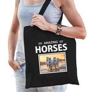 Witte paarden tasje zwart volwassenen en kinderen - amazing horses kado boodschappen tas