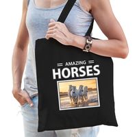 Witte paarden tasje zwart volwassenen en kinderen - amazing horses kado boodschappen tas - thumbnail