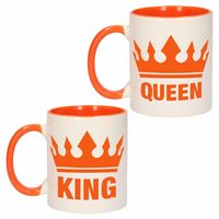 Cadeauset van oranje King en Queen mokken/bekers 300 ML - thumbnail