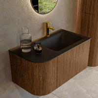 Mondiaz KURVE 85 cm Onderkast Greeploos 1 Lade Met Deuren Walnut, Wastafel Solid Surface Rechts Urban 1 Kraangat Zonder Spiegel (KRVCLO85L1L1D1KR-Wal/Urb)