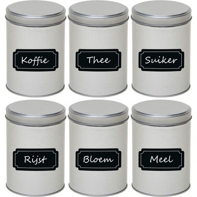 6x Zilveren ronde voorraadblikken met beschrijfbare labels 13 cm