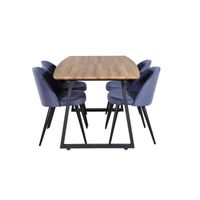 IncaNABL eethoek eetkamertafel uitschuifbare tafel lengte cm 160 / 200 el hout decor en 4 Velvet eetkamerstal blauw. - thumbnail