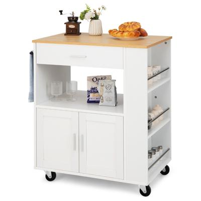 Keukenwagen op Wielen Serveertrolley met Werkblad & Lade & Handdoekhouder & 3 Specerijrekken Wit