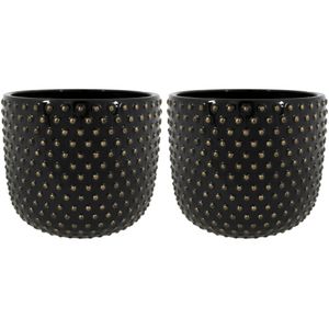 Plantenpot/bloempot Luxery Spike - 2x - keramiek - zwart - Bolletjes motief - D15 x H13 cm