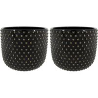 Plantenpot/bloempot Luxery Spike - 2x - keramiek - zwart - Bolletjes motief - D15 x H13 cm