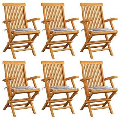Tuinstoelen 6 st met grijs geruite kussens massief teakhout