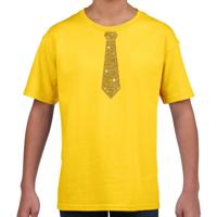Verkleedkleding t-shirt - geel - met kleine Stropdas - goud glitters - kinderen - carnaval