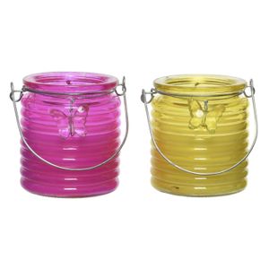 Citronella kaars - 2x - in windlicht - roze en geel - 20 branduren - citrusgeur