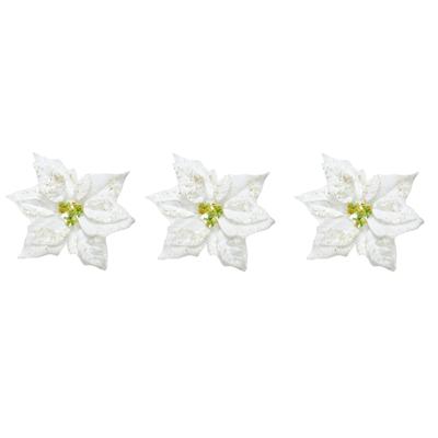 Kerstversiering bloem - 6x stuks - wit glitter - op clip - 20 cm - Decoratiebloemen - kerstversierin