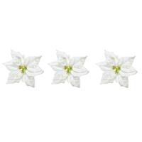 Kerstversiering bloem - 6x stuks - wit glitter - op clip - 20 cm - Decoratiebloemen - kerstversierin