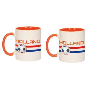 2x stuks Holland vlag met voetbal mok/ beker oranje wit 300 ml