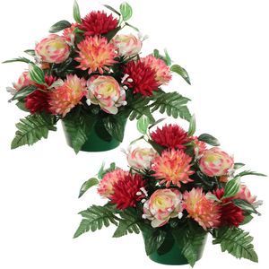 Kunstbloemen plantje ranonkels/asters in pot - 2x - multi kleuren - 25 cm - Bloemstuk - Bladgroen