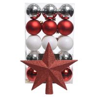 Kerstballen 30x st - parelmoer wit/rood/zilver- 6 cm - met ster piek zilver- kunststof - thumbnail