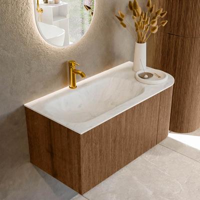 Mondiaz KURVE-DLUX 95 cm Onderkast Greeploos 1 Lade Met Deuren Walnut, Wastafel Solid Surface Links Opalo 1 Kraangat Zonder Spiegel (KRVBGS95R1L1D1KL-Wal/Opa)