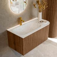 Mondiaz KURVE-DLUX 95 cm Onderkast Greeploos 1 Lade Met Deuren Walnut, Wastafel Solid Surface Links Opalo 1 Kraangat Zonder Spiegel (KRVBGS95R1L1D1KL-Wal/Opa)