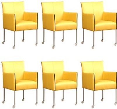 Set van 6 Gele leren moderne kuipstoel More - poot rond rvs met wiel - Toledo Leer Lemon (geel leer)
