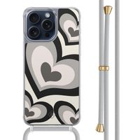 iPhone 15 Pro Max hoesje met grijs koord - Hart swirl zwart iPhone 15 Pro Max hoesje met grijs koord - Hart swirl zwart