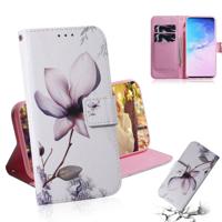 Magnolia bloem patroon gekleurde tekening horizontale Flip lederen case voor Galaxy S10 met houder & card slots & portemonnee