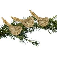 3x Kerstboomversiering glitter gouden vogeltjes op clip 12 cm - thumbnail