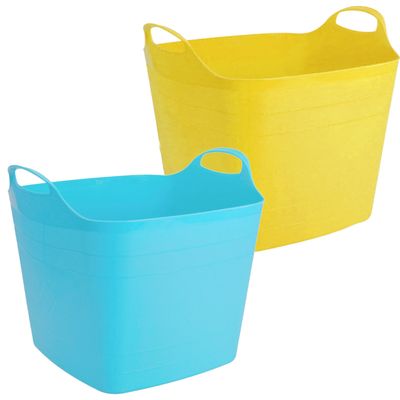 Voordeelset van 2x stuks kunststof flexibele emmers/wasmanden/kuipen 40 liter in het geel/blauw