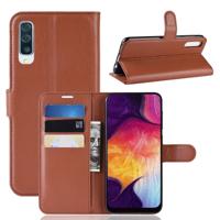 Litchi textuur horizontale Flip lederen case voor Galaxy A50 met portemonnee & houder & kaartsleuven (bruin)