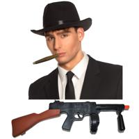 Gangster/maffia/roaring Twenties verkleed set - gleufhoed zwart - met dikke sigaar en machinegeweer - thumbnail