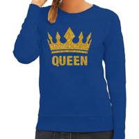 Koningsdag Sweater voor dames - Queen - glitter goud - blauw - feestkleding