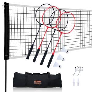 VEVOR Badmintonnetset, buitenbadmintonnet voor achtertuin, strandpark, badmintonnet voor volwassenen en kinderen met stangen, draagtas, 4 ijzeren rackets en 3 nylon shuttles