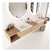 Mondiaz Bukla 240cm badmeubel met open module 40 L+R kleur washed oak 3 lades wastafel dubbel zonder kraangat kleur talc