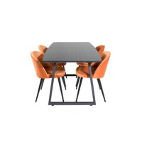 IncaBLBL eethoek eetkamertafel uitschuifbare tafel lengte cm 160 / 200 zwart en 4 Velvet eetkamerstal velours oranje, - thumbnail