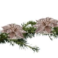 2x stuks kerstboom bloemen kerstster roze glitter op clip 9 cm - thumbnail