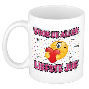 Bellatio Decorations Cadeau mok/beker - Voor de aller liefste juf - wit - 300 ml - feest mokken