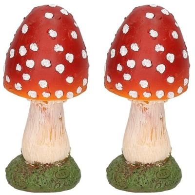 Paddenstoel beeldje - 2x - bolvormig - 13 cm - herfstdecoratie voor binnen en buiten - polyresin orn