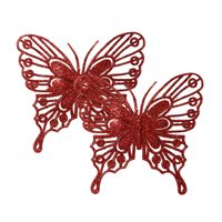 Decoris vlinders op clip - 2x stuks -rood - 13 cm - glitter   -